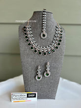 Load image into Gallery viewer, American Diamond Victorian Finish Elegant Statement Necklace set with maangtikka
