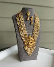 Load image into Gallery viewer, Lakshmi ji Long Kemp stone Haram Golden bead  Goddess Statement  Exclusive Necklace set
