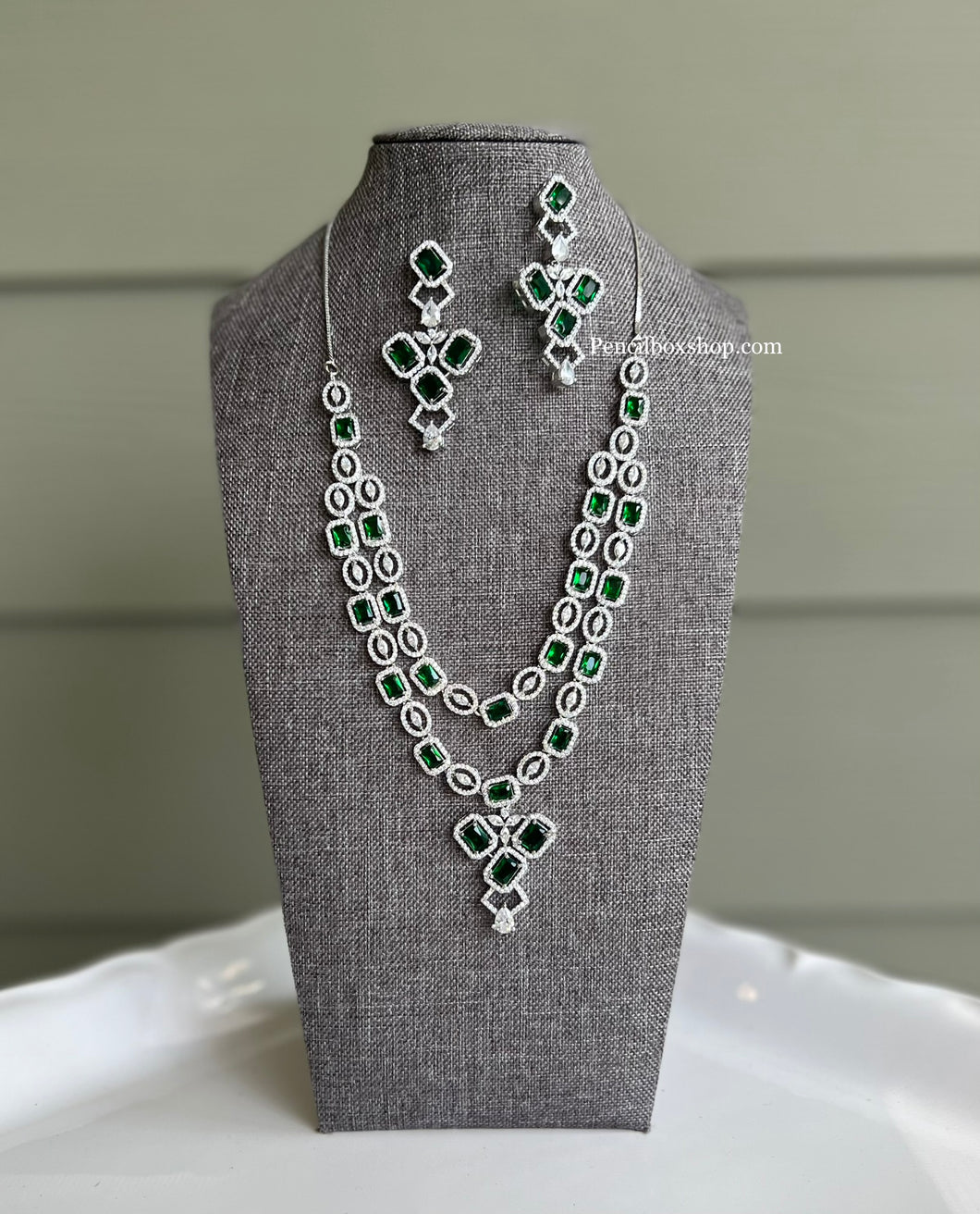 Emerald Green Silver Long American Diamond Cz Statement Necklace Set