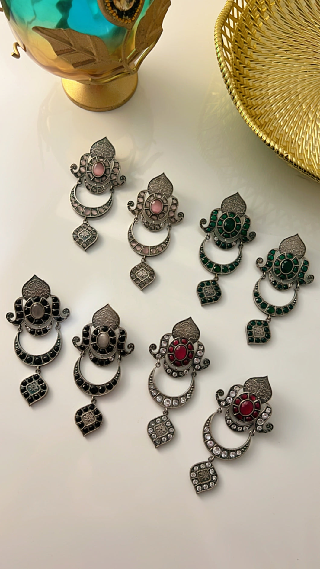 Long German Silver Stone Beads Earrings
