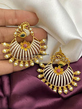 Load image into Gallery viewer, Cz Stone peacock cz pearl Temple earrings
