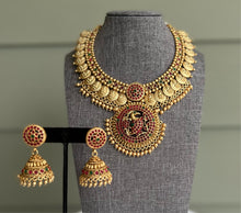 Load image into Gallery viewer, Peacock Multicolor Temple Lakshmi ji Temple Necklace set with jhumki
