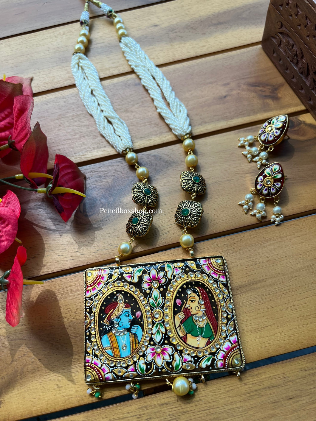 Radha Krishna handpainted Tanjore Beads Kundan Necklace set