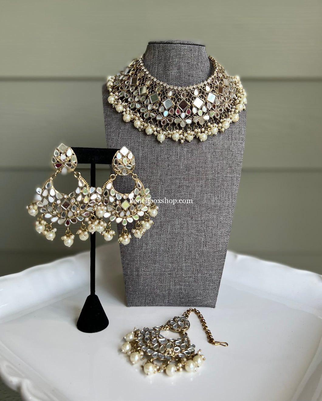 Mirror Choker with hanging beads Statement Piece Necklace Choker set with maangtikka
