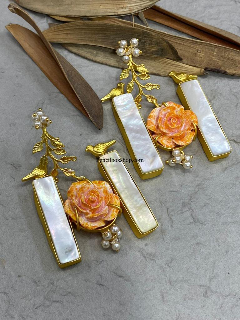 Bird Multicolor White Mop contemporary Natural Stone Pearl Brass made earrings
