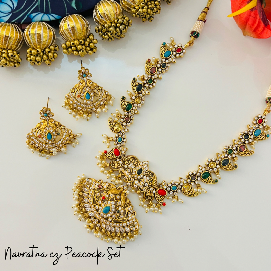 Multicolor Navratna Cz Kundan Golden Peacock Necklace set