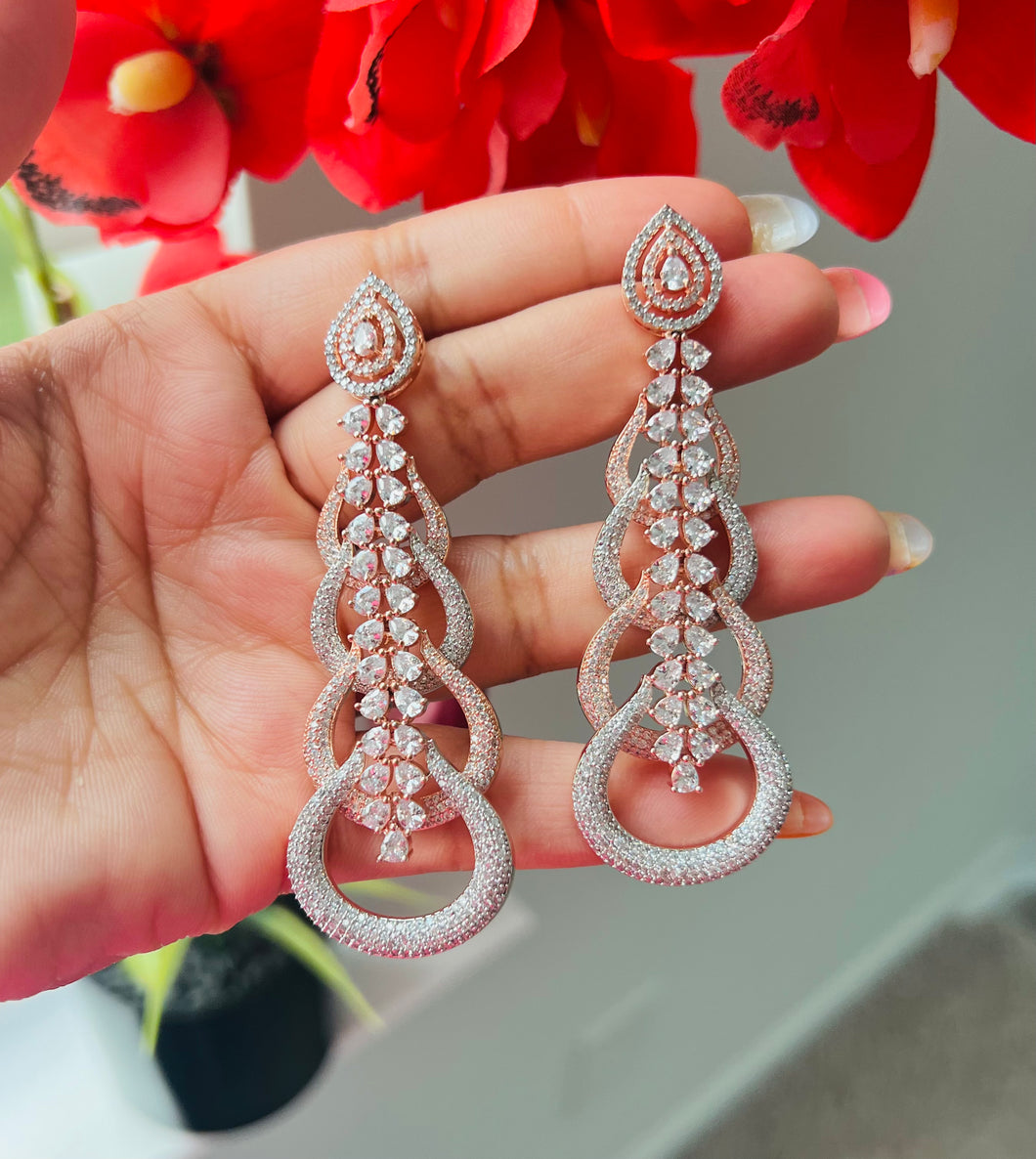 Dual Tone American Diamond Rose Gold Silver Long dangling earrings