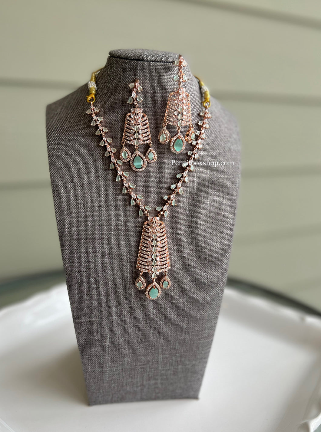 American Diamond Mint jhumka Designer Necklace set