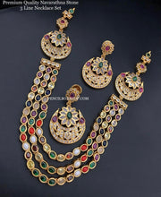 Load image into Gallery viewer, Three line Navratna cz Stone Kemp stone Necklace set
