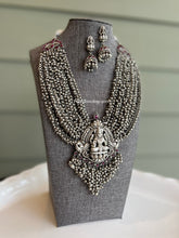 Load image into Gallery viewer, Pre order 92.5 Silver Coated with Real kemp stone Lakshmi ji silver beads necklace set
