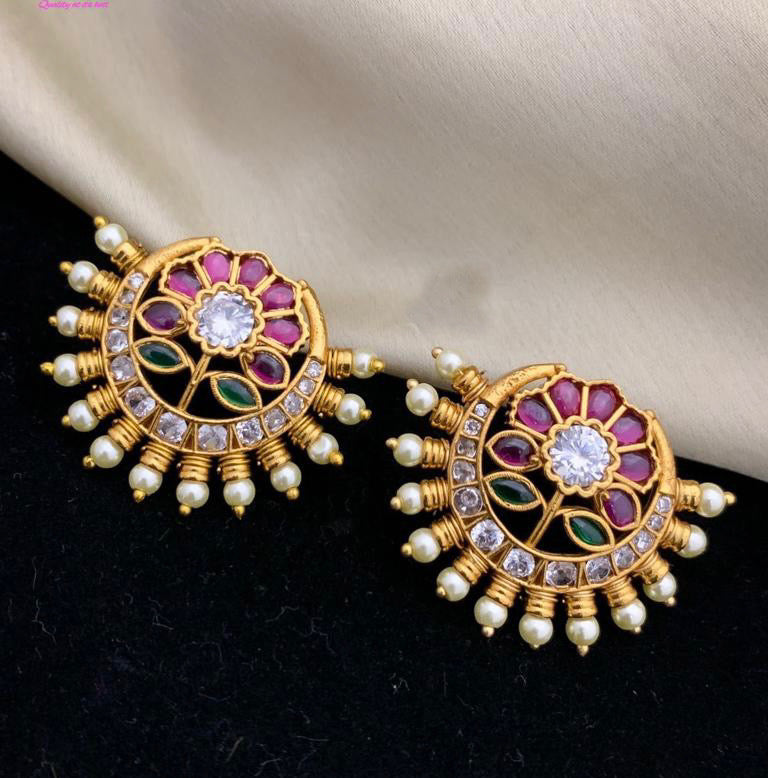Real Kemp Temple Stone pearl Flower Golden cz stud earrings
