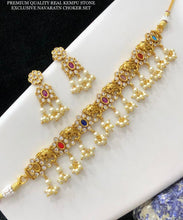 Load image into Gallery viewer, Navratna guttapusalu ganesha ji real Kemp stone Cz choker necklace set
