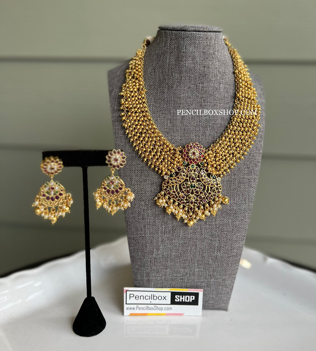 Peacock Real Kemp Stone Golden beads Temple Jewelry
