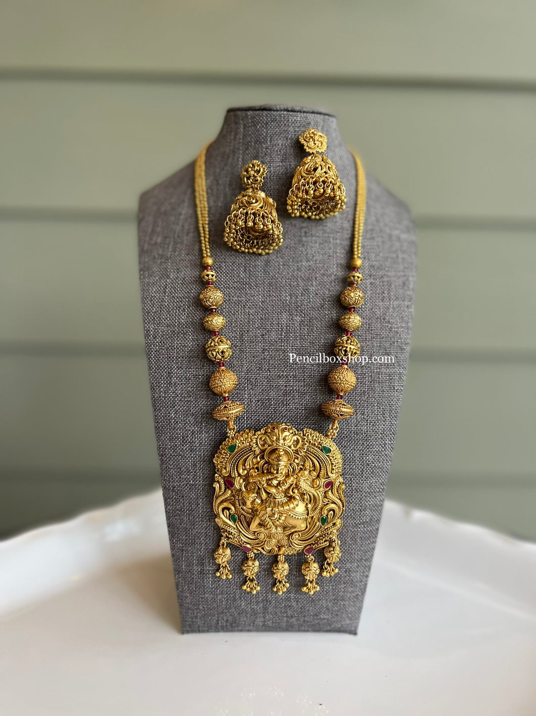 Gold matte Finish Krishna Nandi Multicolor Long necklace set with jhumkas