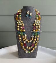 Load image into Gallery viewer, Rani Multicolor Glass Beads Kundan Premium Designer Three layered Necklace set
