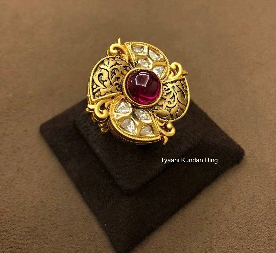 Ruby Kemp Big Carved Gold antique Finish with tyaani Kundan Adjustable ring