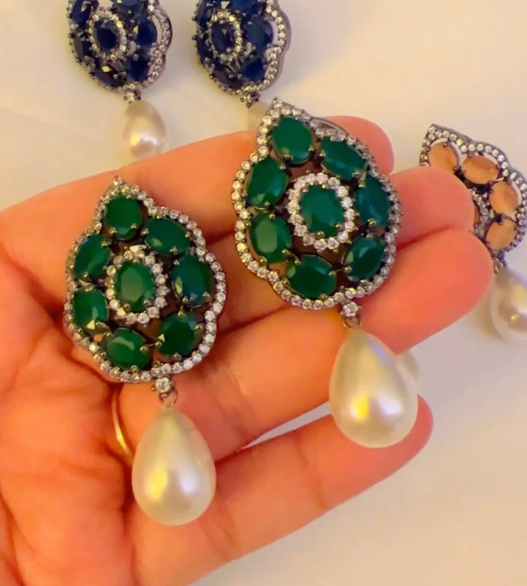 American Diamond Flower Premium Quality Pearl Drop Stud earrings