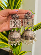 Load image into Gallery viewer, 92.5 silver Coated Peacock Three layered Glass Stone pearl Ghunghroo Jhumka Earrings
