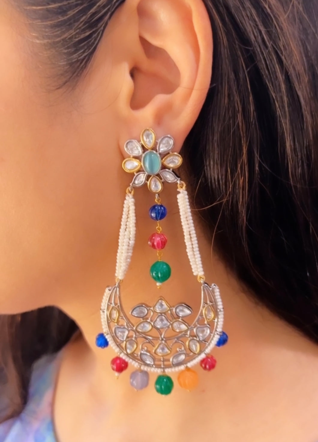 Dual Tone Multicolor Tyaani Silver Foiled Long Dangling Pearl Earrings