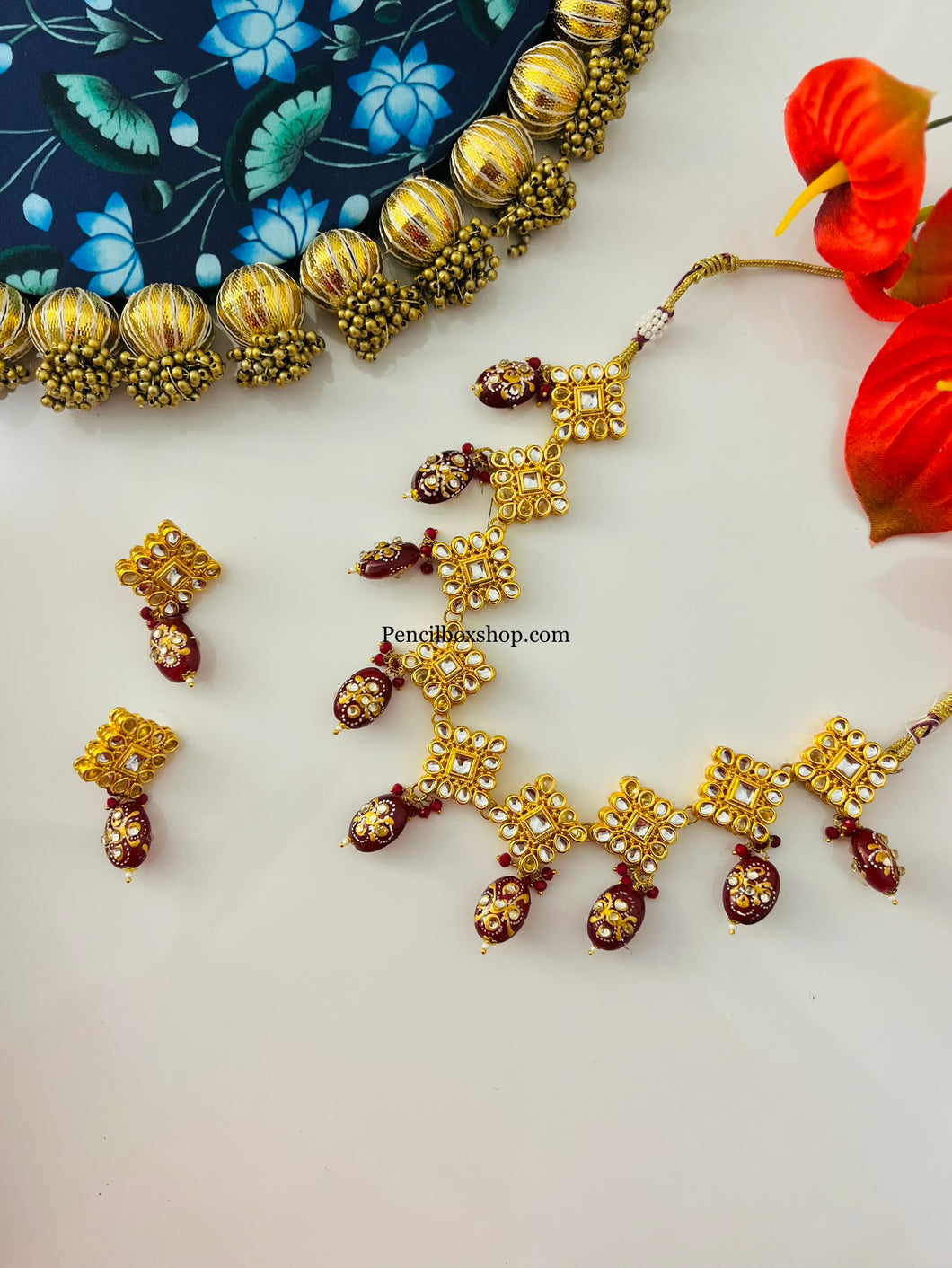 Premium quality Kundan Necklace set with back side meenakari and hanging beads,women necklace set