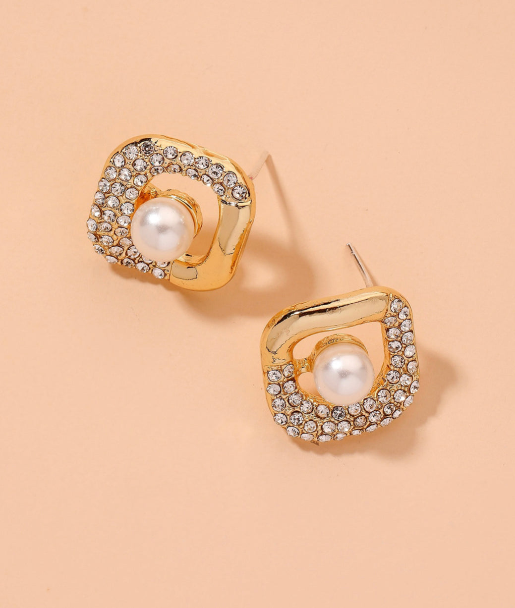 Rhinestone Studded Pearl square Stud Earrings IDW women jewelry