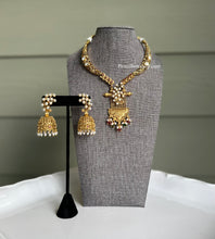 Load image into Gallery viewer, Golden Pearl Ruby Dainty premium Quality Kundan Silver Foiled Dainty Necklace set
