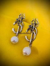 Load image into Gallery viewer, Om Trishul Oxidised Earrings with hanging bead
