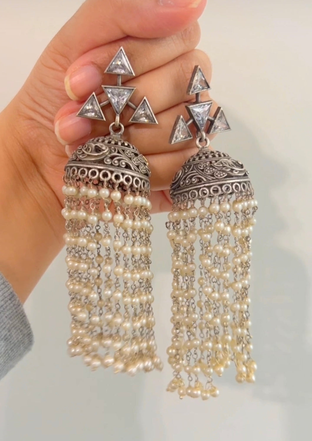 White Stone Pearl Hanging Long Dangling German Silver Earrings for women