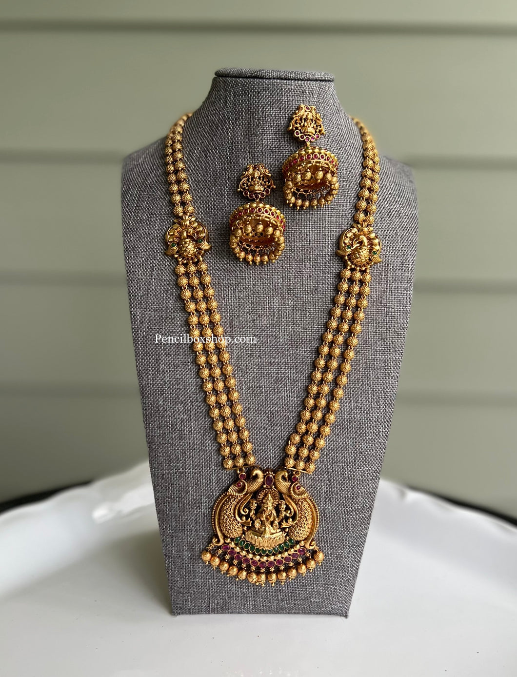 Multicolor Lakshmi ji Golden Beads Necklace set with jhumkas