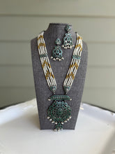 Load image into Gallery viewer, Statement Long Mustard Pearl mala with Green Jadau work Necklace set
