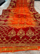 Load image into Gallery viewer, Orange Red Bandhani Square Golden Zari Border Silk Saree Elegant
