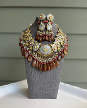 Load image into Gallery viewer, Enamel Paint Designer Brown kundan Hanging Natural Stone Necklace set
