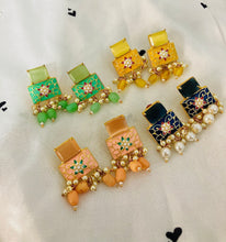 Load image into Gallery viewer, Square shape pearl hanging Meenakari stone earrings
