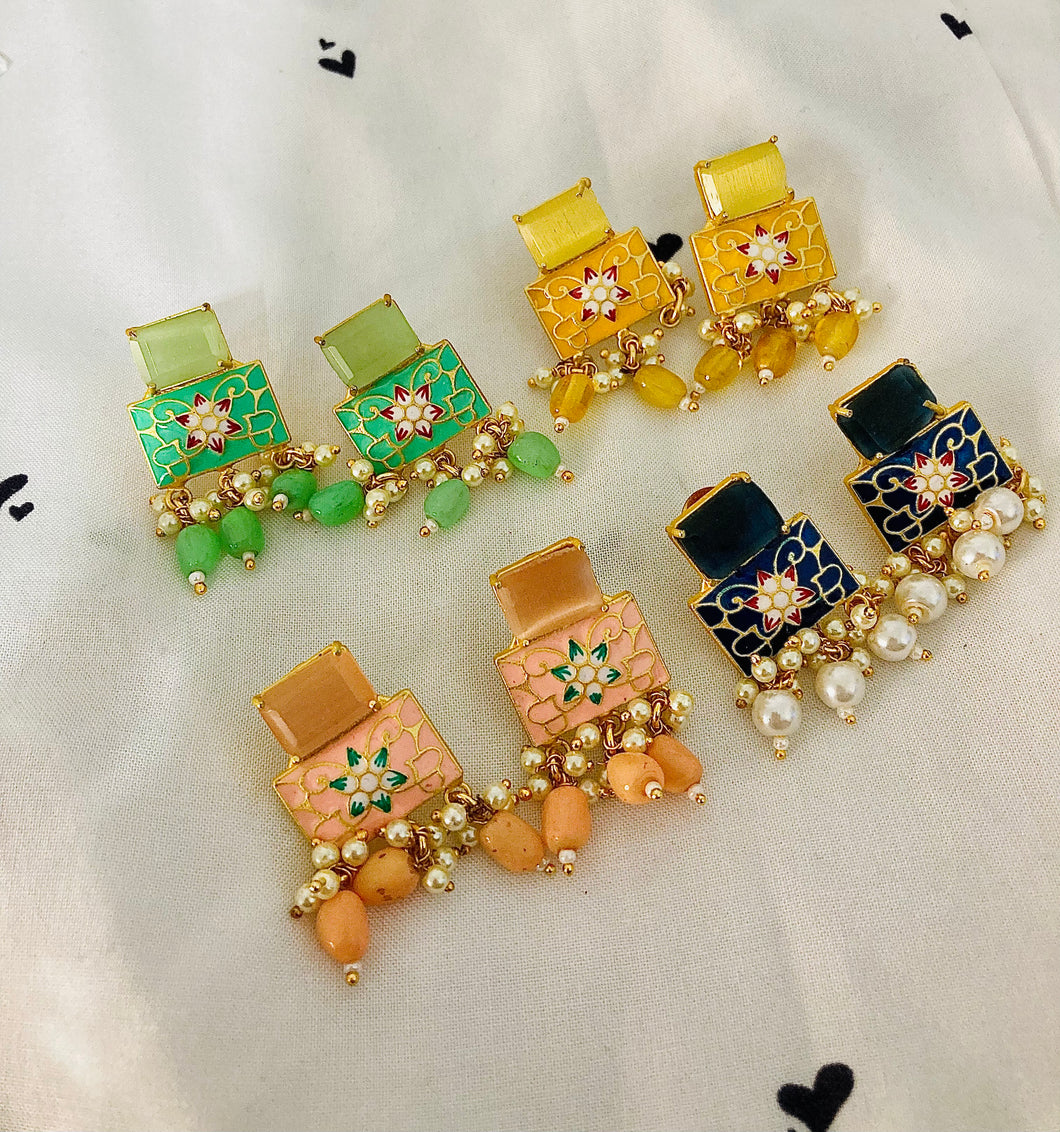 Square shape pearl hanging Meenakari stone earrings