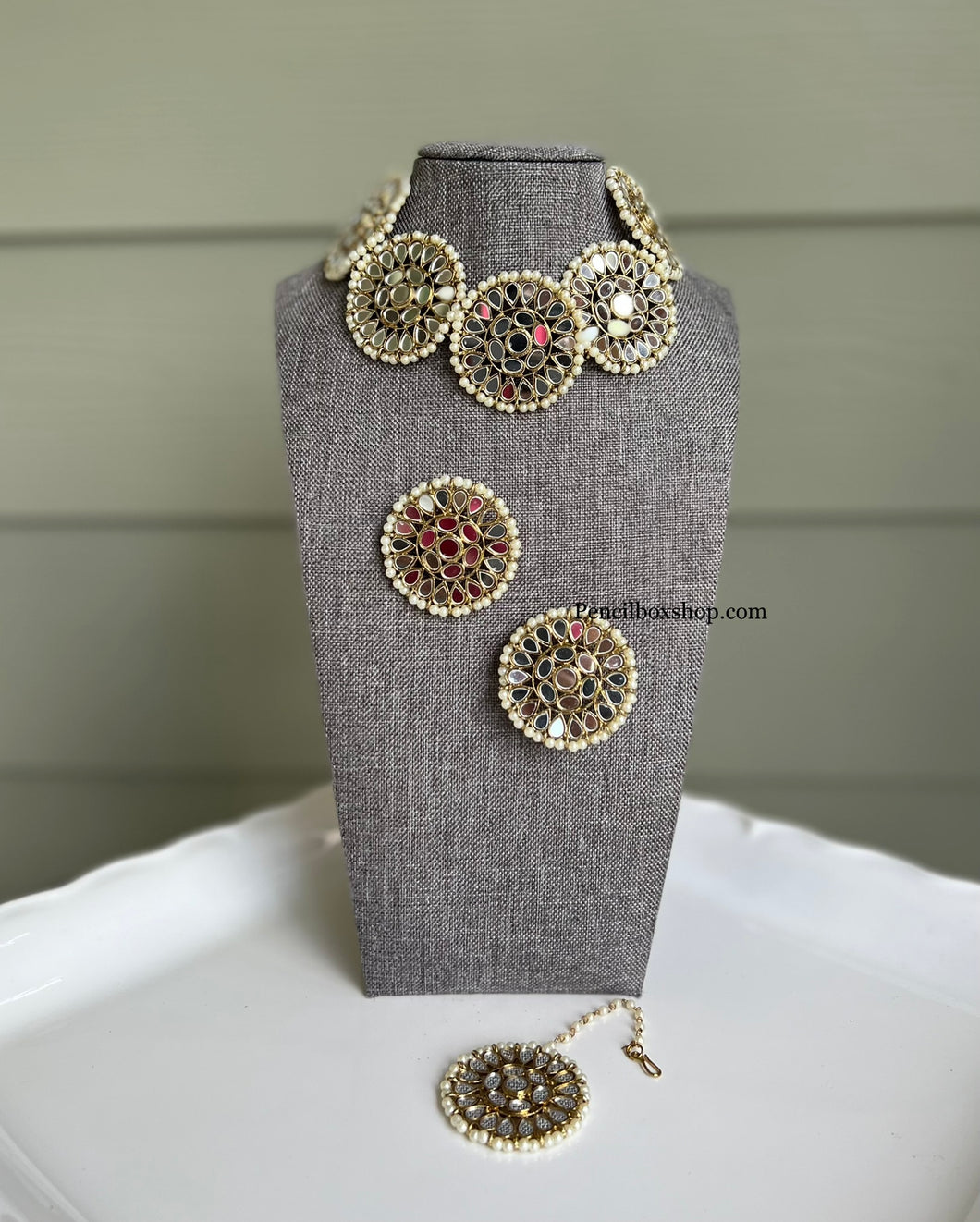 Round Mirror Choker with hanging beads Statement Piece Necklace Choker set with maangtikka