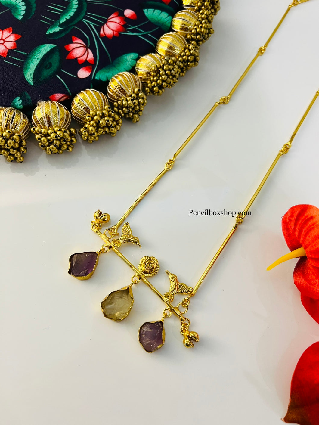 Peacock Contemporary Natural Stone Brass Long Chain Necklace