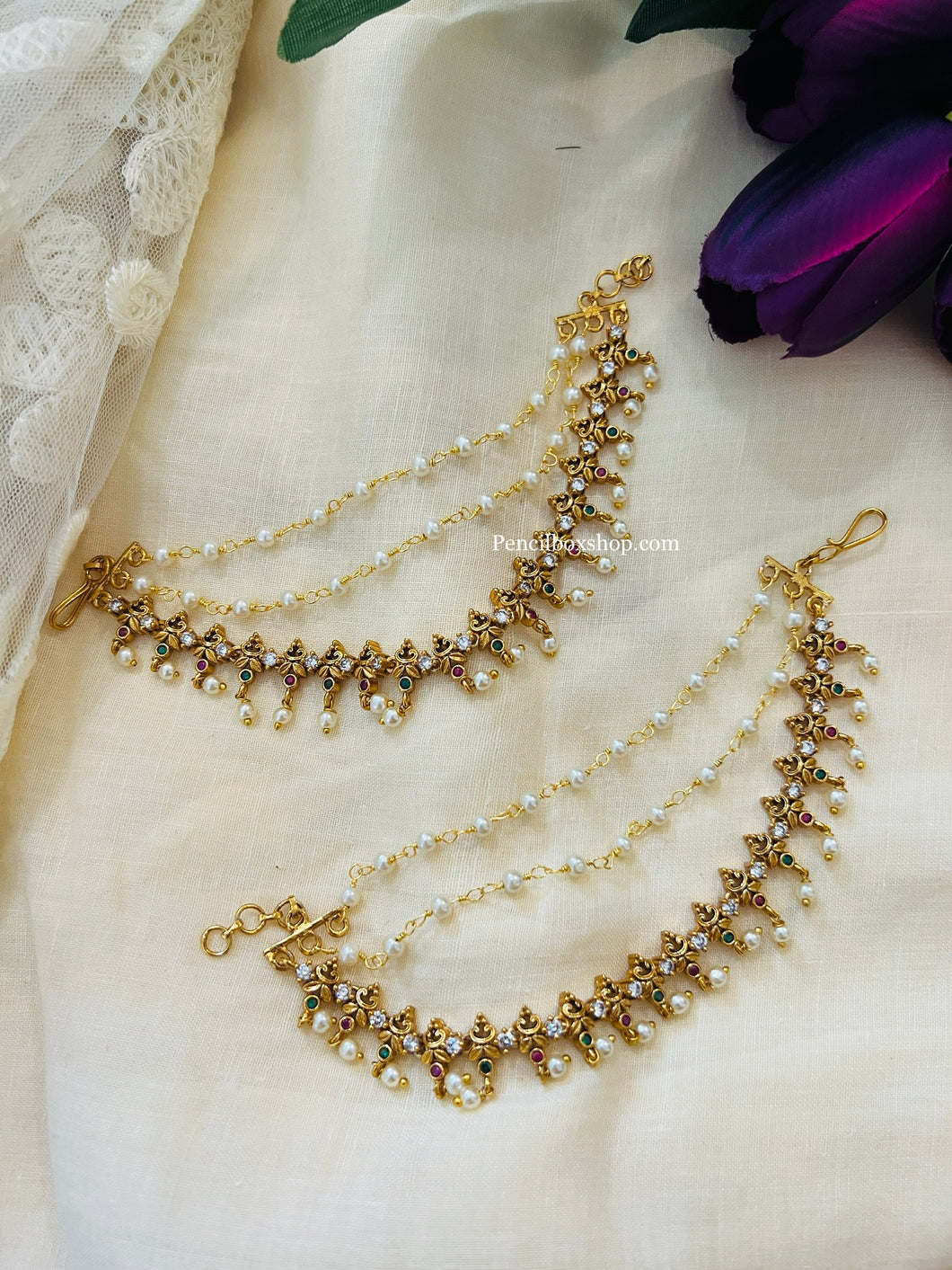 Golden 2 pc Multicolor Earrings chain  Pearl Chain Mattal