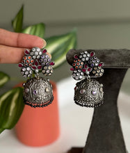 Load image into Gallery viewer, Multicolor Silver Stone German Silver jhumka Earrings
