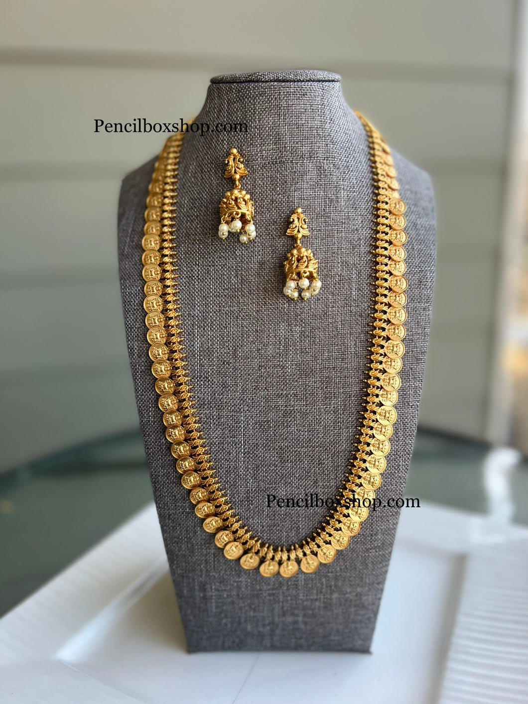 Temple Gold matte Finish Haram Lakshmi ji Copper based necklace set