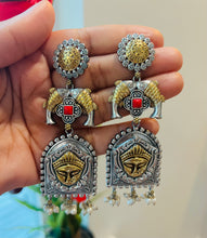 Load image into Gallery viewer, Long German Silver Durga Fish hanging Drop Earrings
